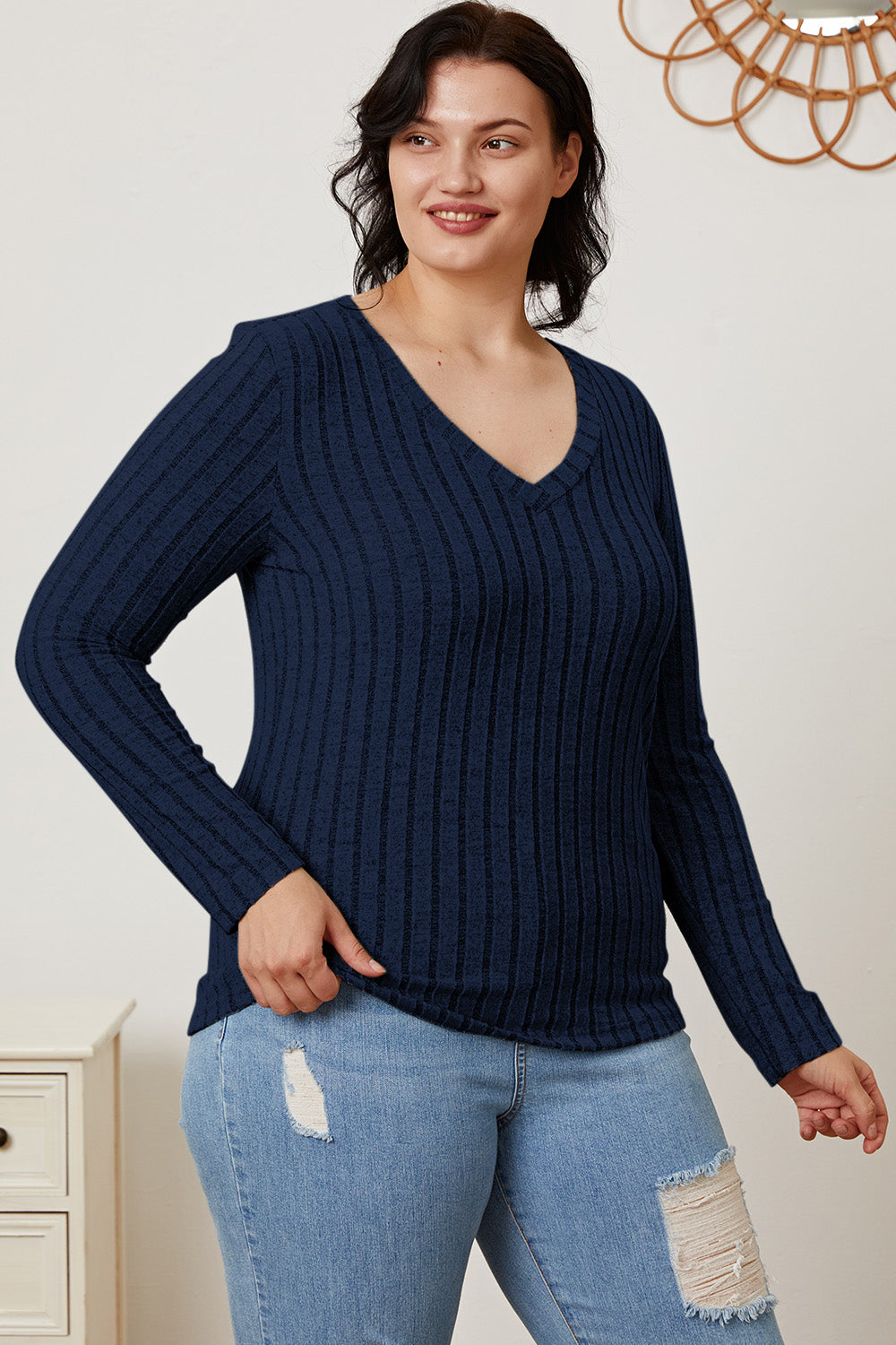 Full Size Ribbed V-Neck Long Sleeve T-Shirt - The Daily Makeover