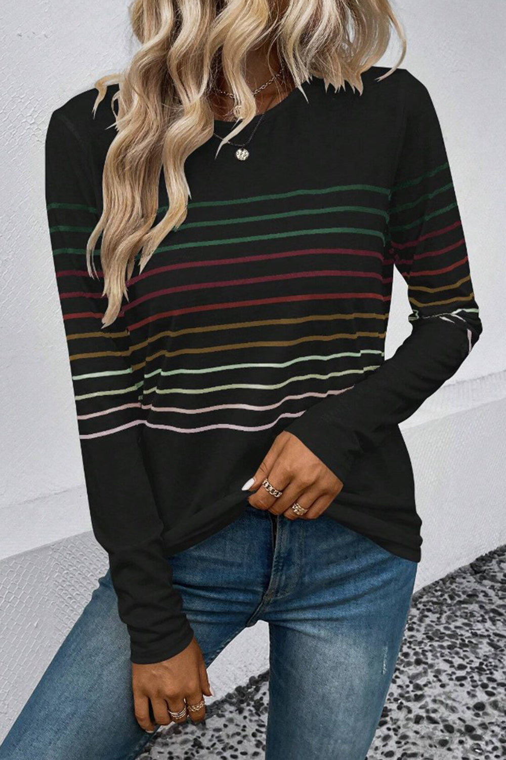 Striped Round Neck Long Sleeve T-Shirt - The Daily Makeover