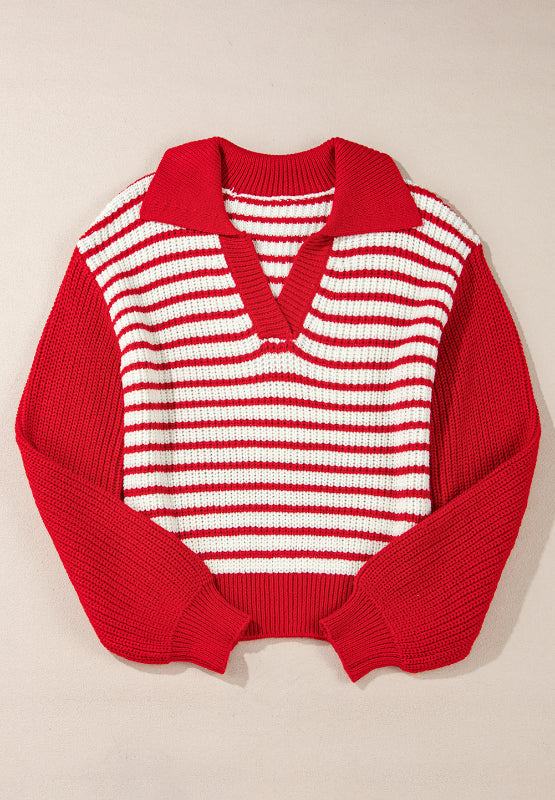 Striped Johnny Collar Long Sleeve Sweater - The Daily Makeover