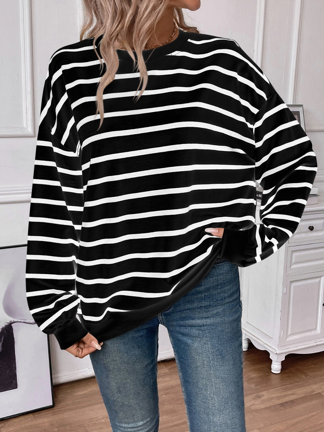 Striped Round Neck Long Sleeve Sweatshirt - The Daily Makeover
