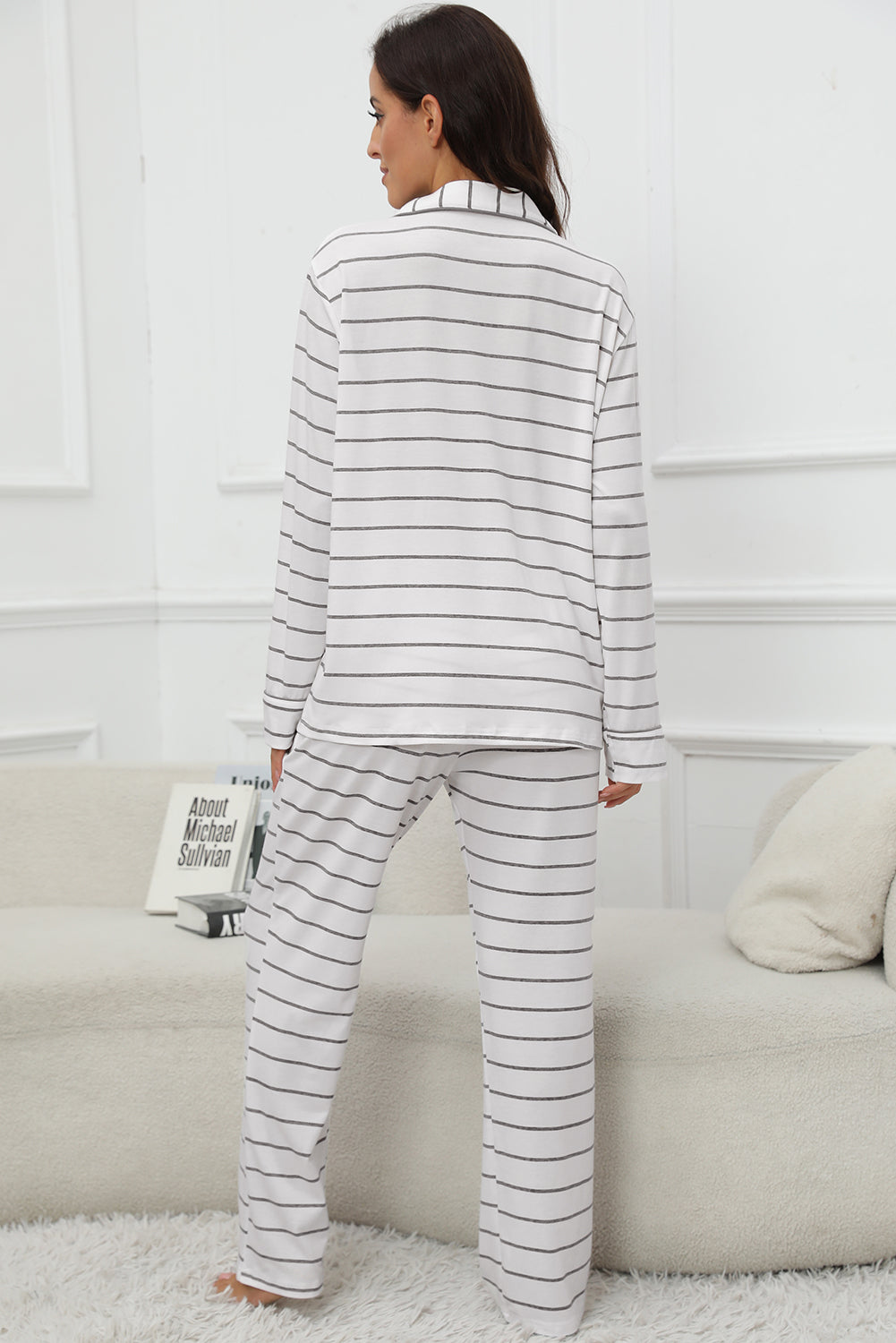 Striped V-Neck Long Sleeve Top and Pants Lounge Set - The Daily Makeover