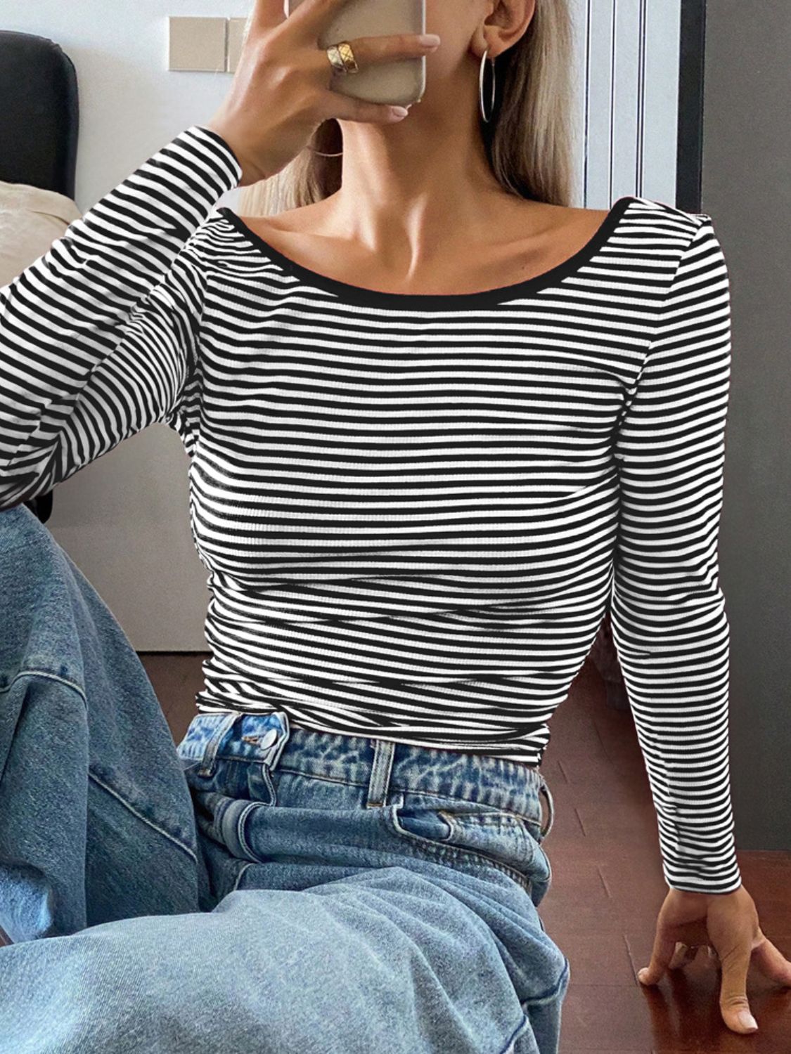 Devine Backless Striped Boat Neck Long Sleeve T-Shirt - The Daily Makeover