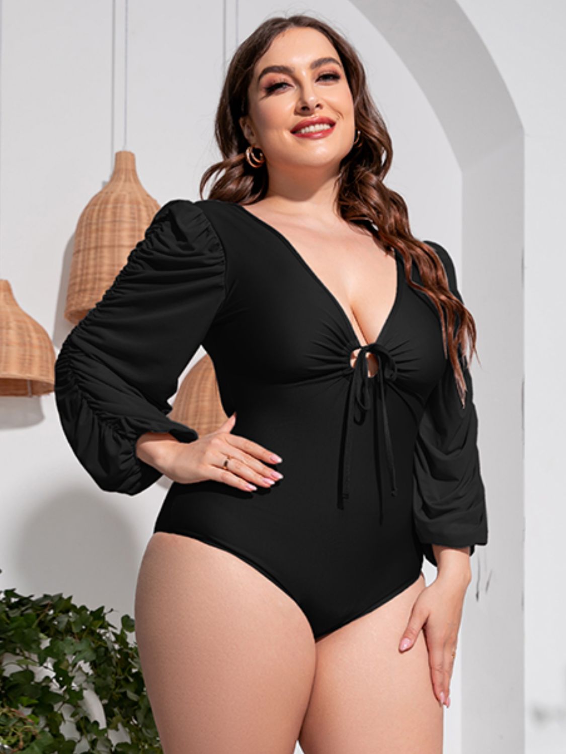 Plus Size Tied Deep V Balloon Sleeve One-Piece Swimsuit - The Daily Makeover