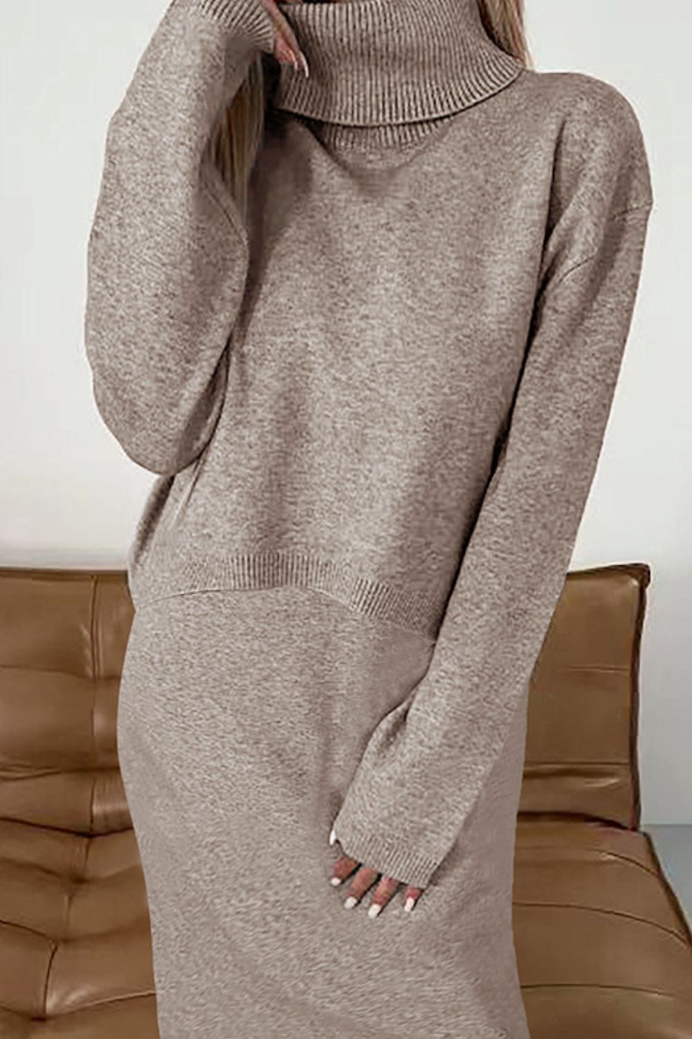 Turtleneck Dropped Shoulder Sweater and Midi Dress Sweater Set - The Daily Makeover