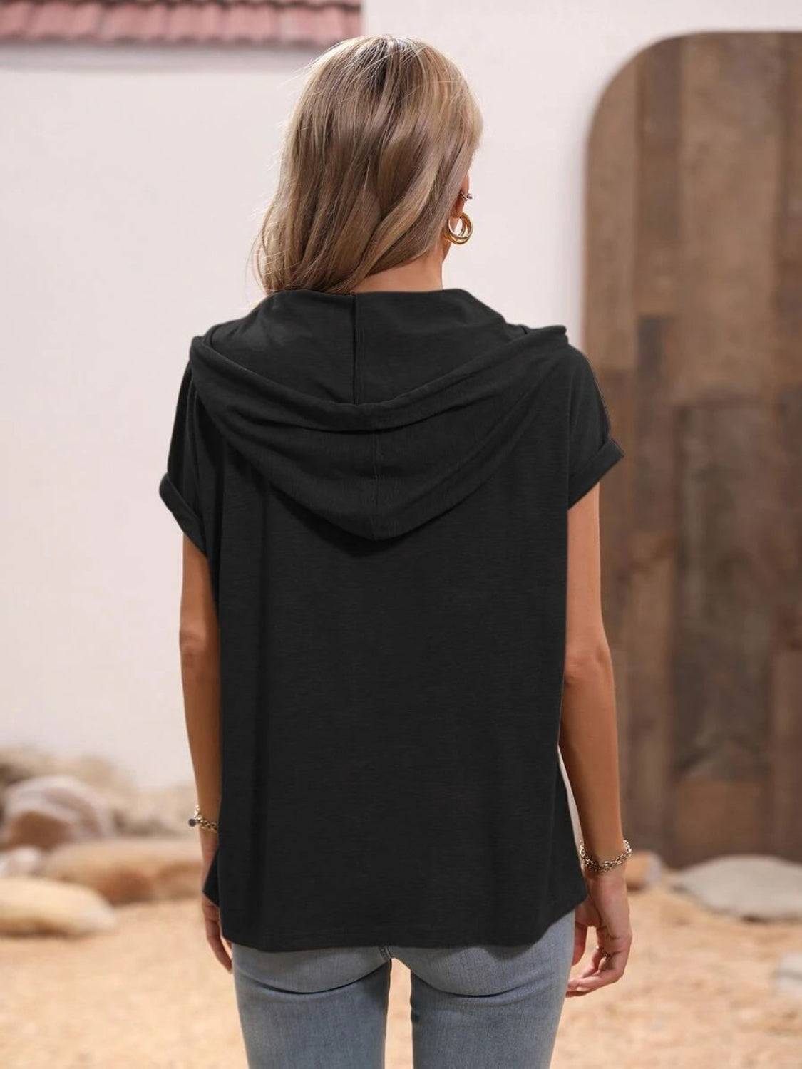 Half Button Hooded Short Sleeve Blouse - The Daily Makeover