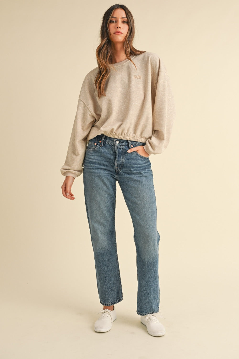 Mable Round Neck Letter Embroidery Crop Sweatshirt - The Daily Makeover