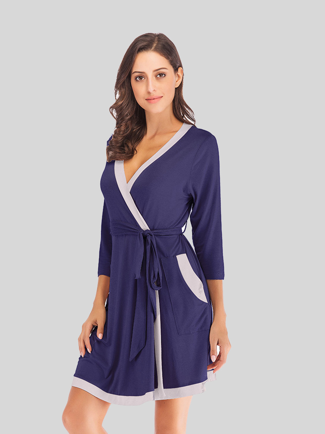 Tie Waist Surplice Neck Robe with Pockets - The Daily Makeover