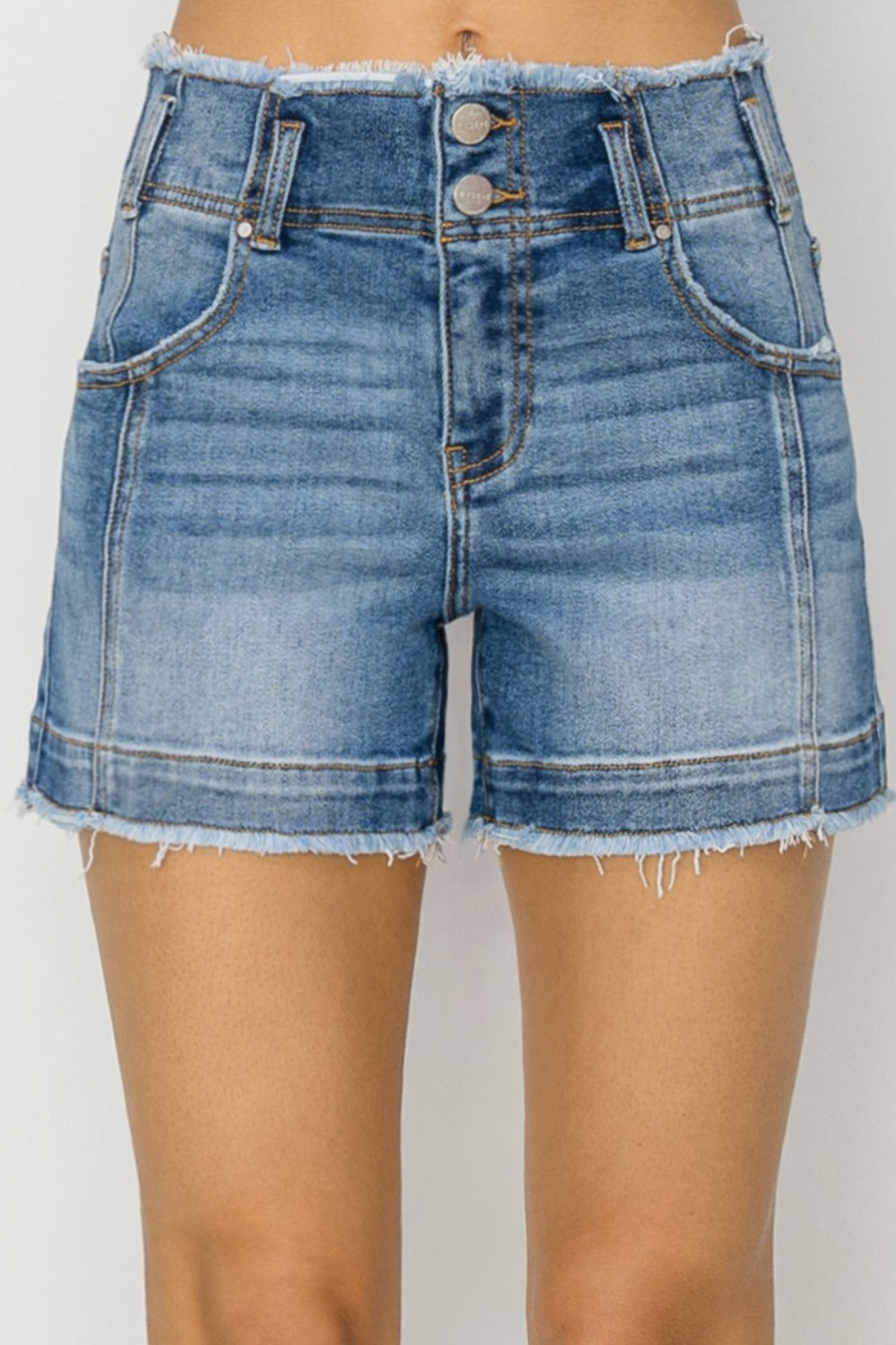 RISEN High Rise Seam Detailed Raw Edge Denim Shorts - The Daily Makeover