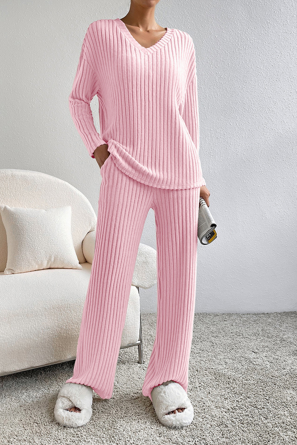 Ribbed V-Neck Top and Pants Lounge Set - The Daily Makeover