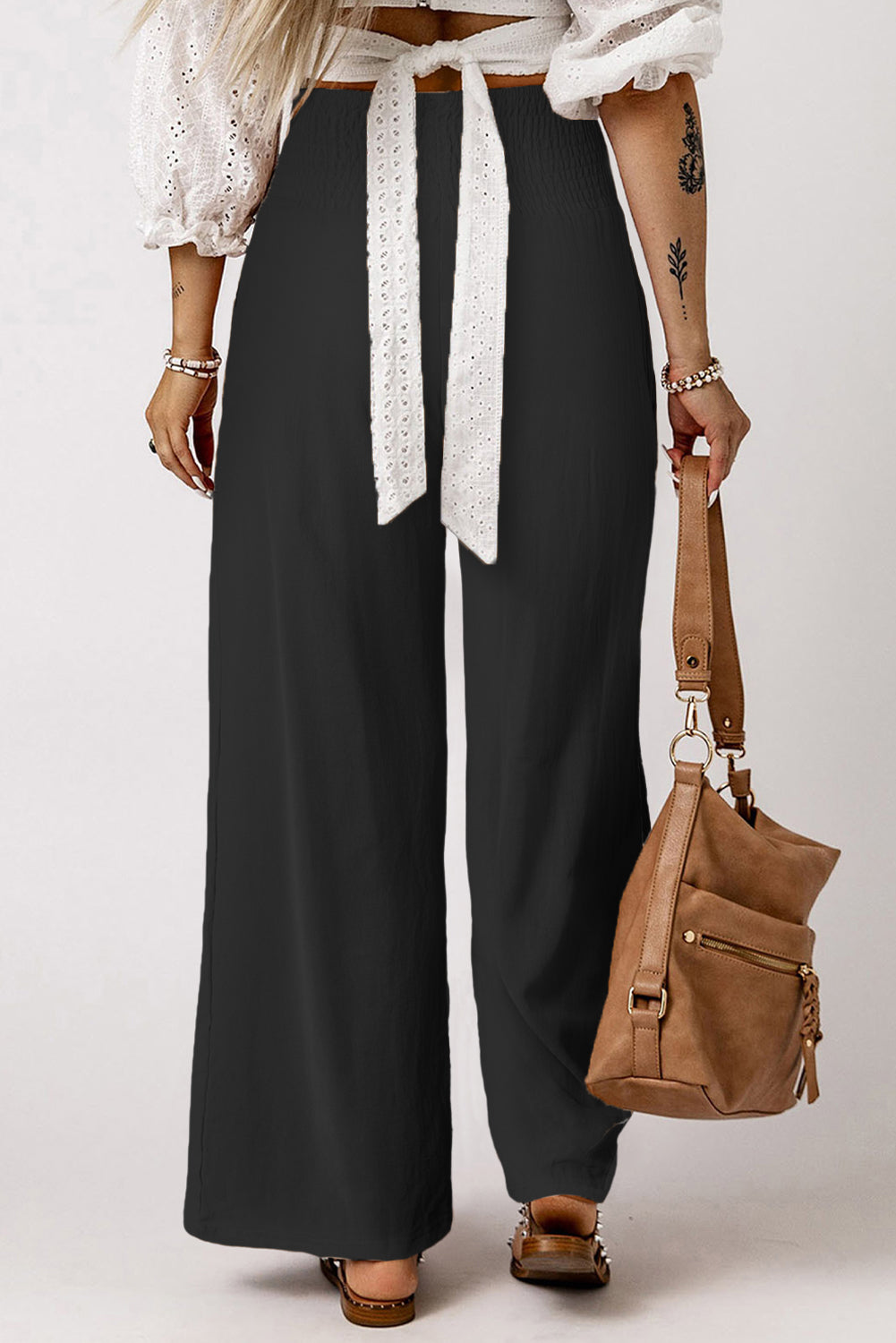 Khaki Smocked Wide Waistband High Waist Wide Leg Pants - The Daily Makeover