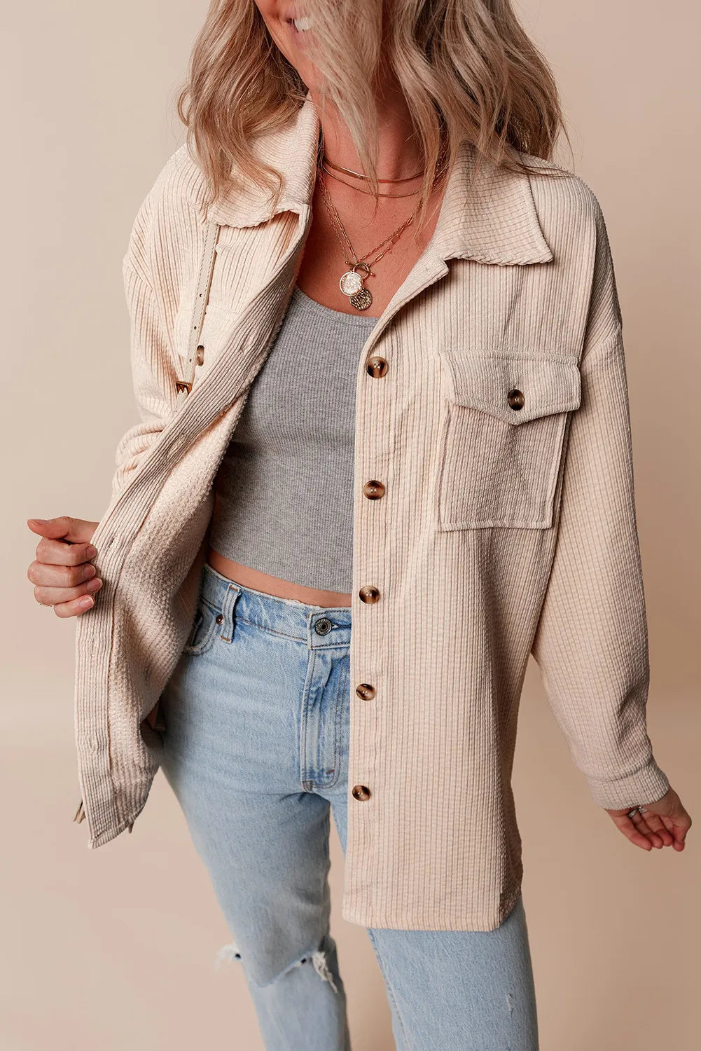 Pocketed Button Up Dropped Shoulder Shacket - The Daily Makeover