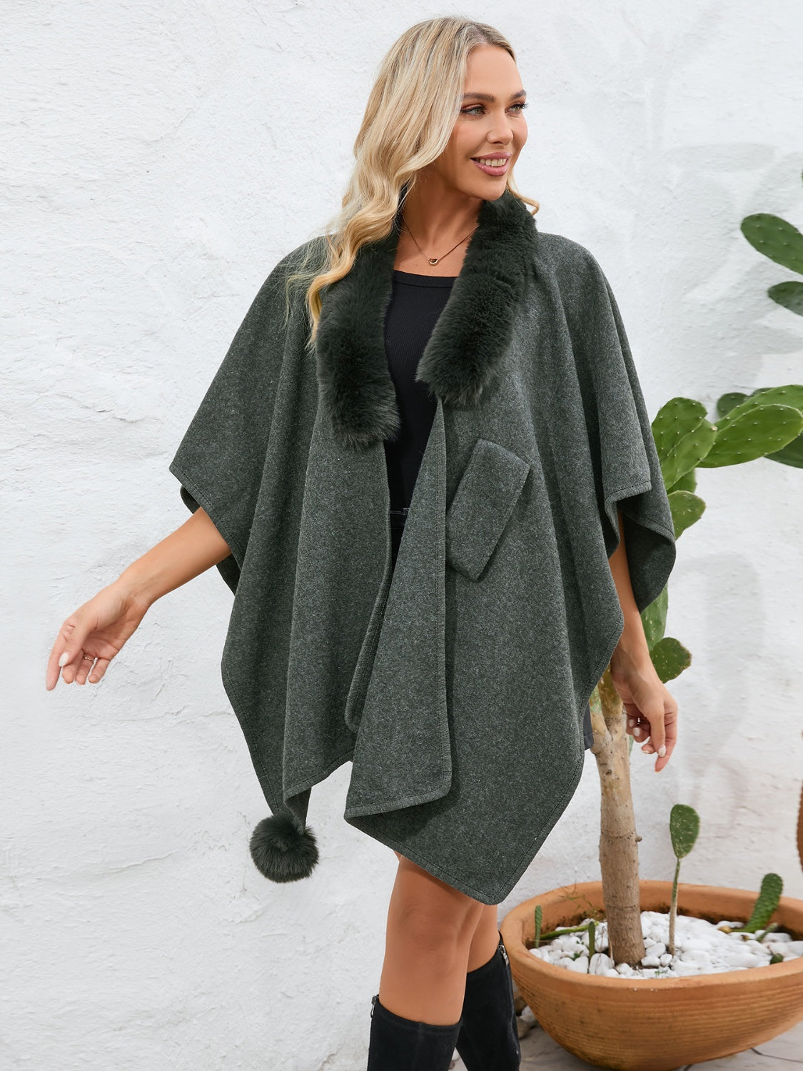 Fuzzy Trim Open Front Poncho - The Daily Makeover