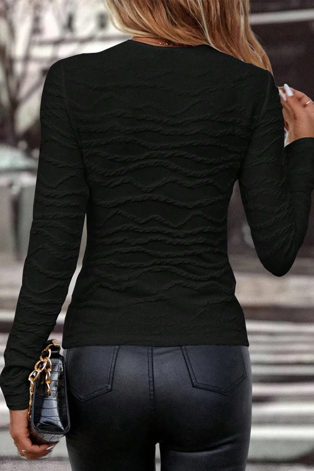 Textured Round Neck Long Sleeve Blouse - The Daily Makeover