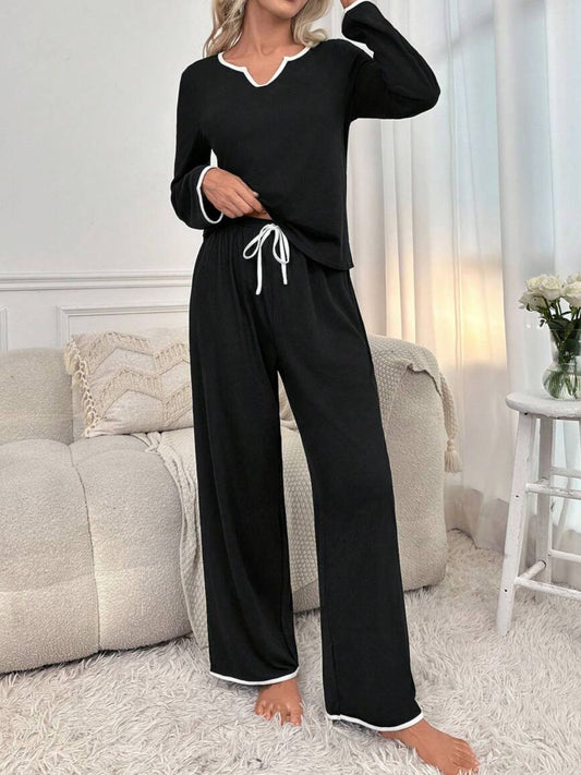Contrast Trim Notched Long Sleeve Top and Pants Lounge Set - The Daily Makeover
