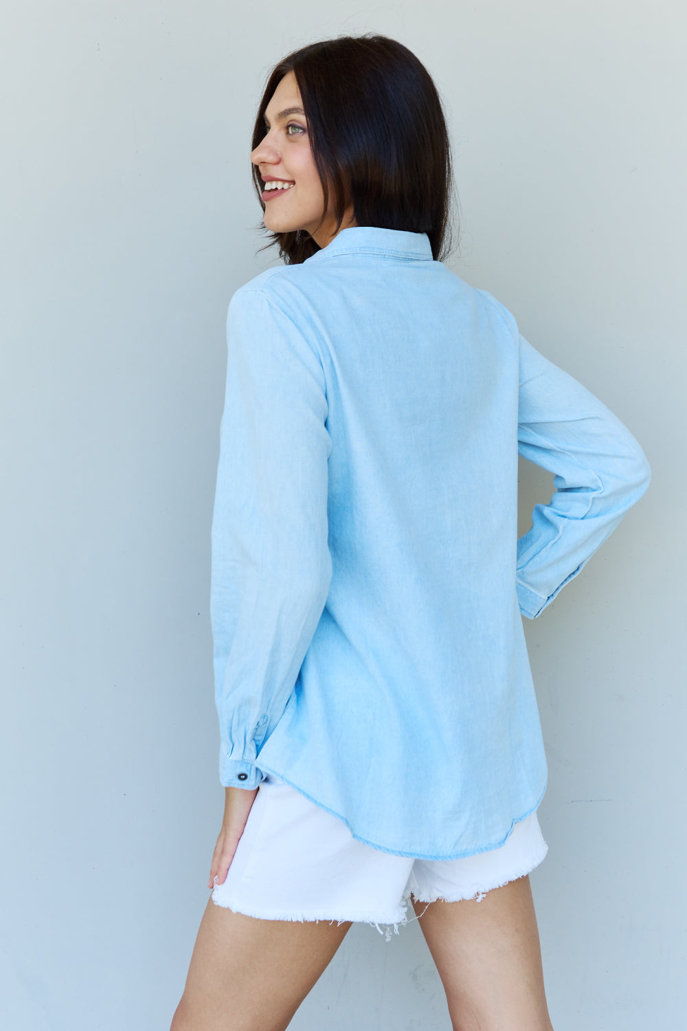 Doublju Blue Jean Baby Denim Button Down Shirt Top in Light Blue - The Daily Makeover