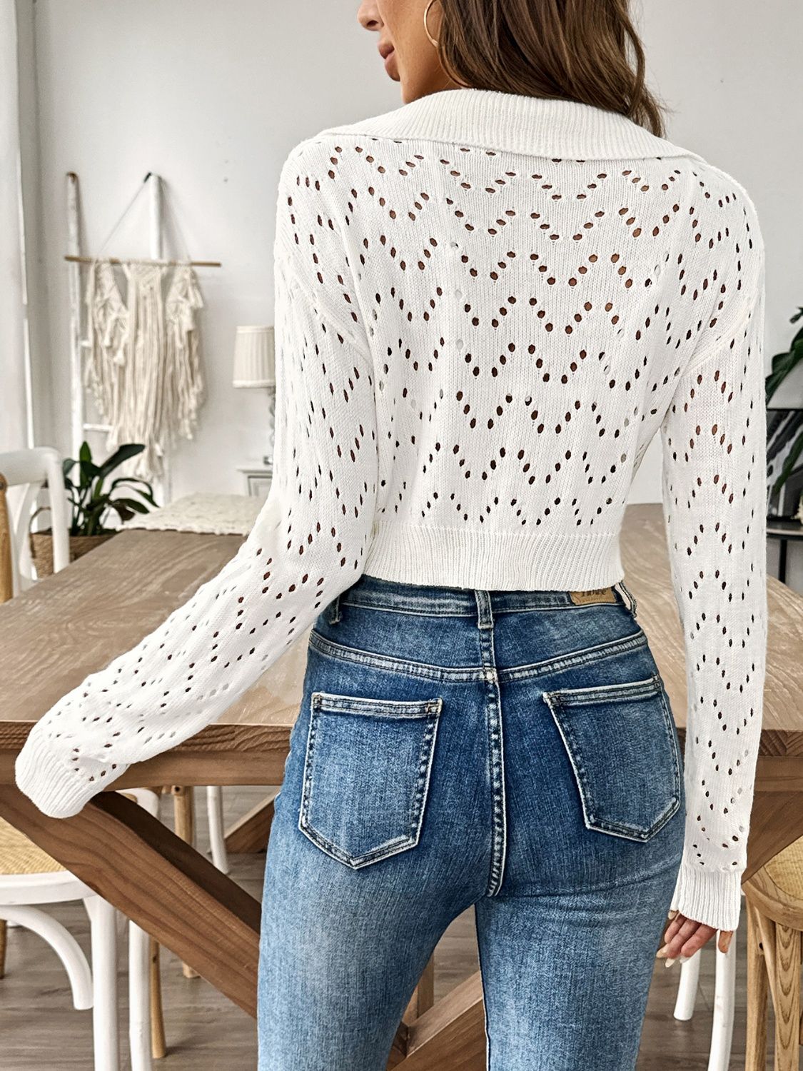 Openwork Collared Neck Long Sleeve Knit Top - The Daily Makeover