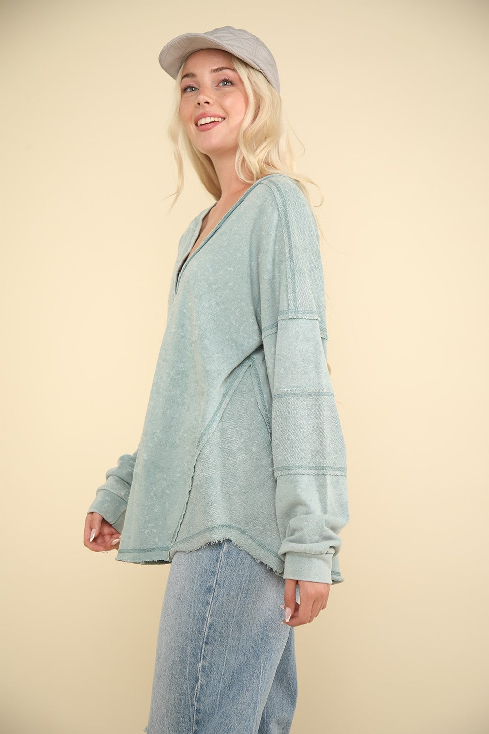 VERY J Washed V-Neck Exposed Seam Knit Top - The Daily Makeover