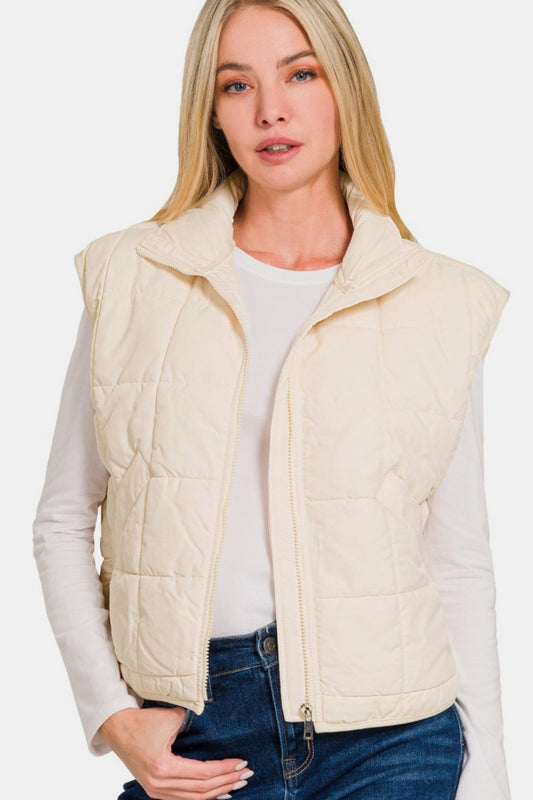 Zenana Zip Up Cropped Puffer Vest with Pockets - The Daily Makeover