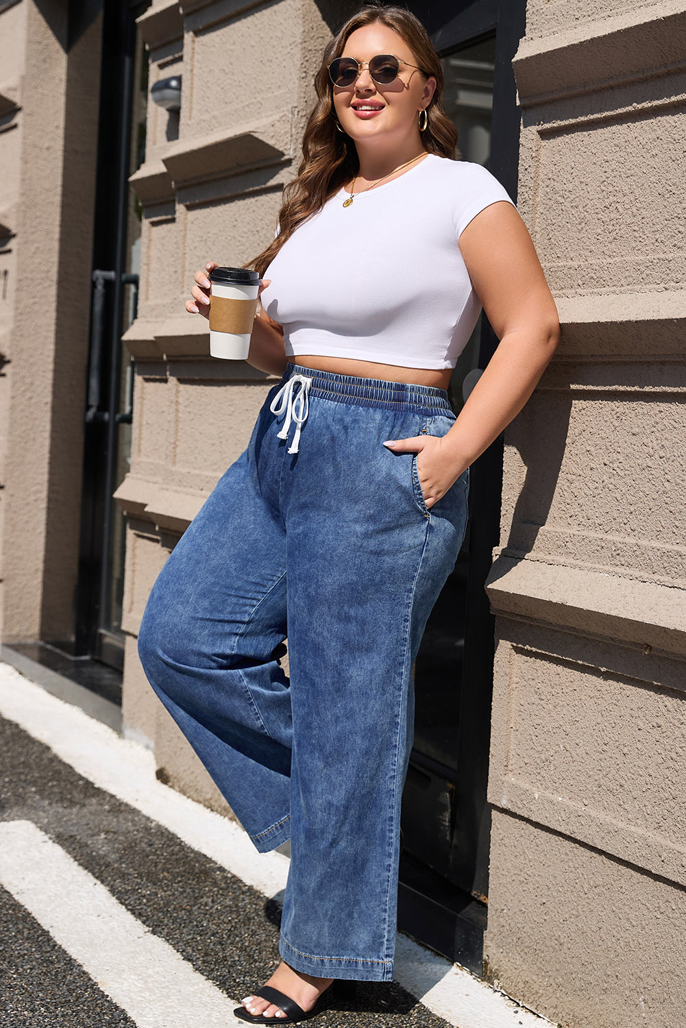 Dusk Blue Drawstring High Waist Plus Size Jeans - The Daily Makeover