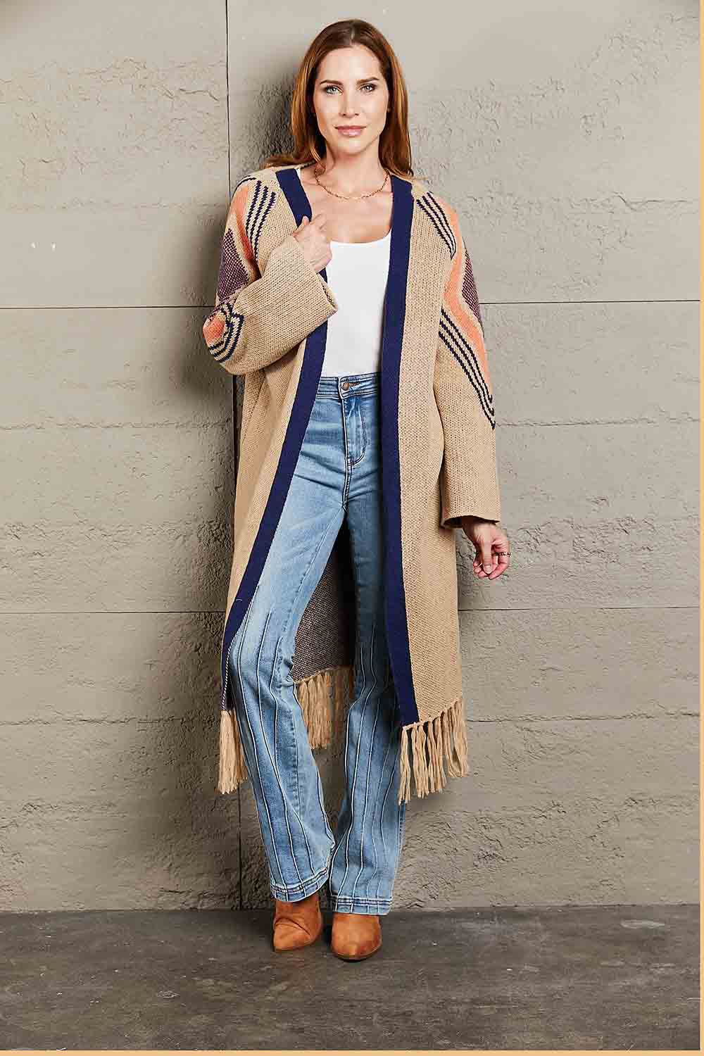 Angel Wings Geometric Fringe Hem Open Front Duster Cardigan - The Daily Makeover