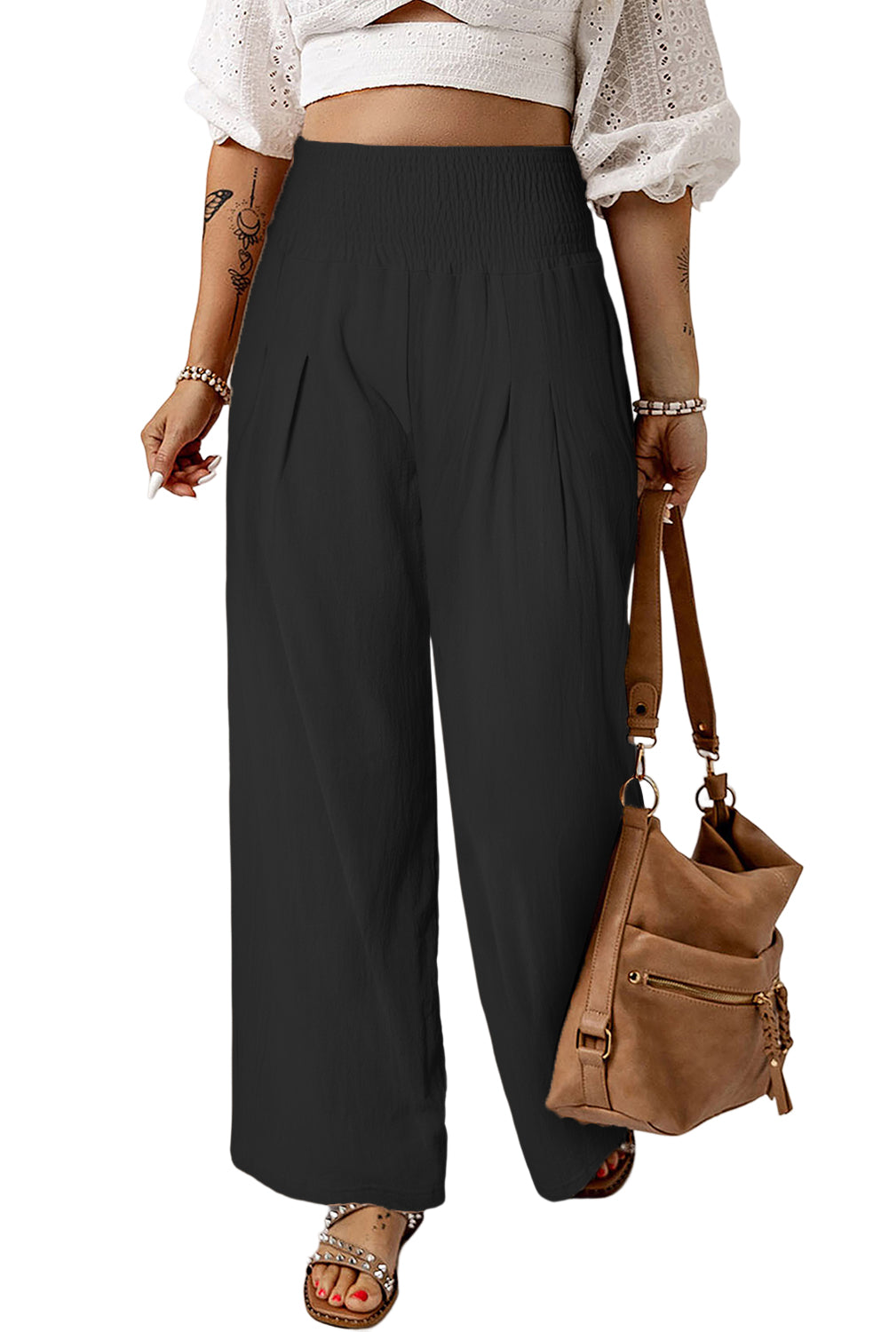 Khaki Smocked Wide Waistband High Waist Wide Leg Pants - The Daily Makeover