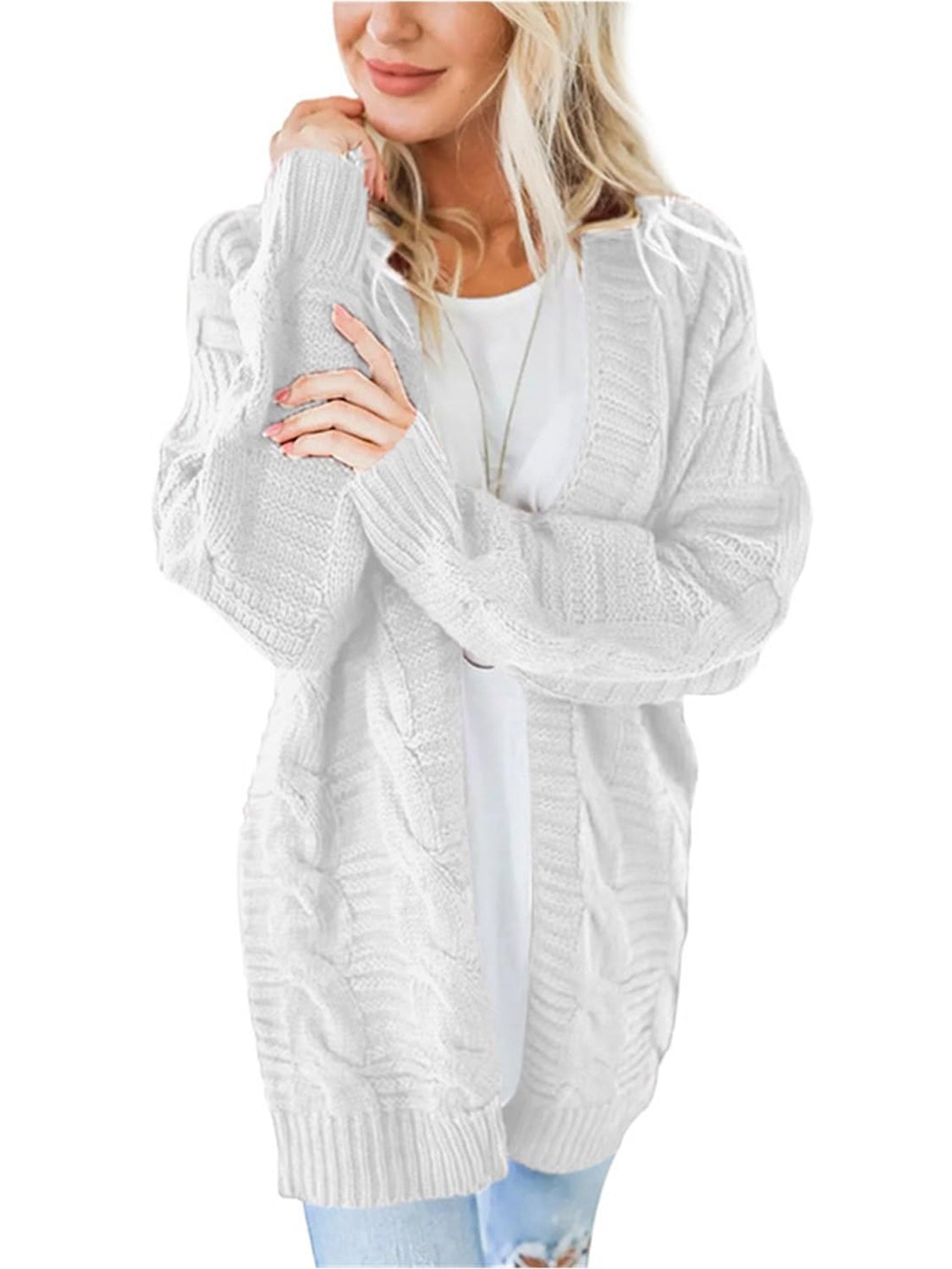 Cable-Knit Open Front Long Sleeve Cardigan - The Daily Makeover