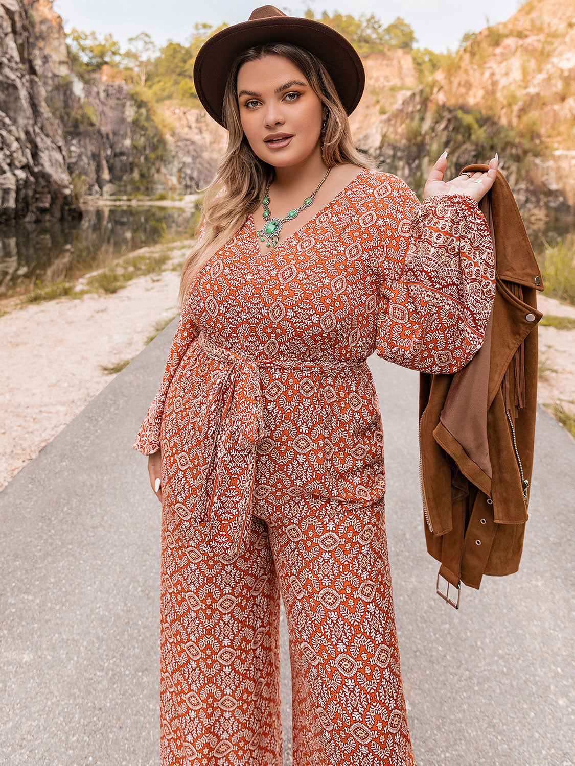 Plus Size Printed V-Neck Tie Front Balloon Sleeve Jumpsuit - The Daily Makeover