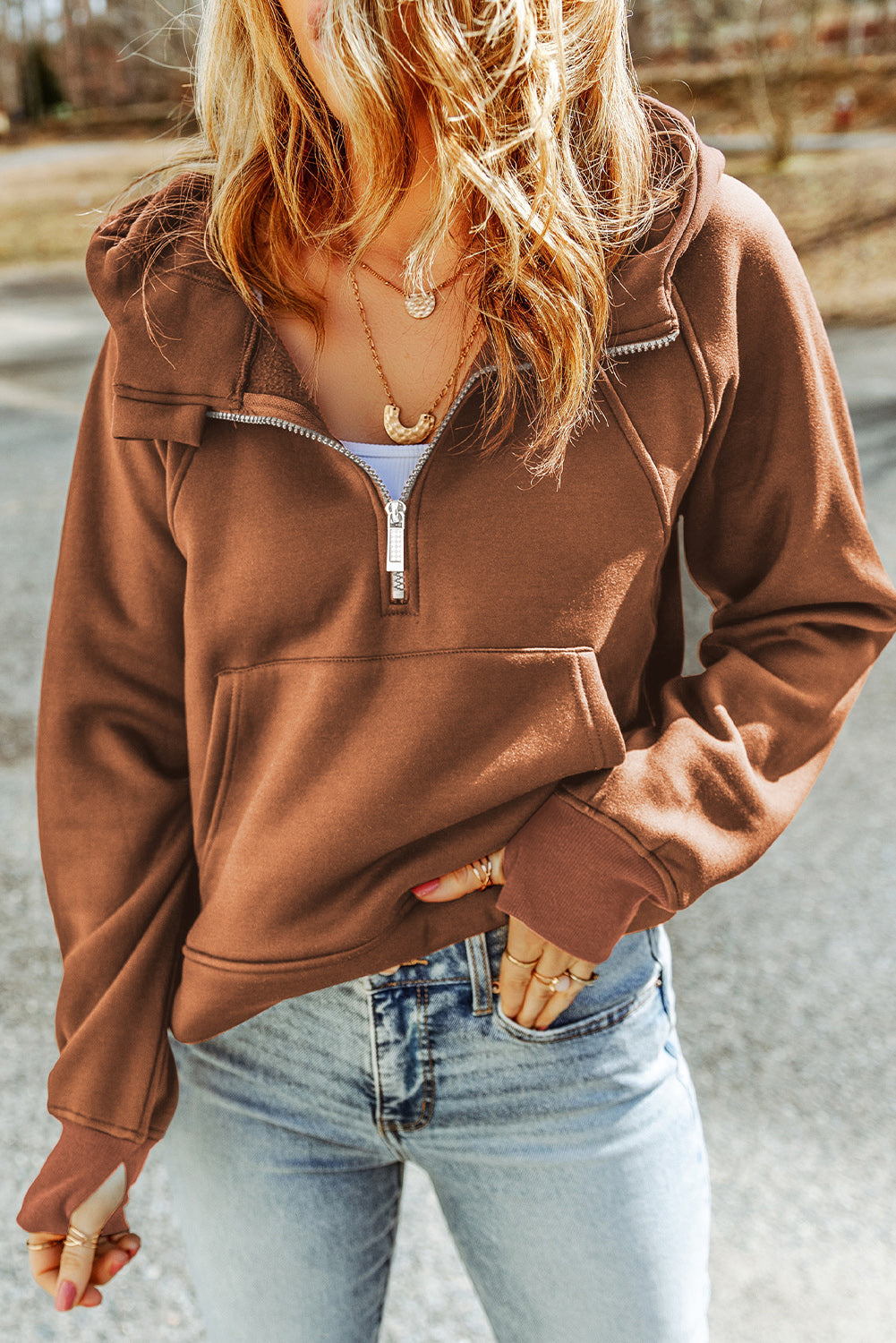 Double Take Half-Zip Thumbhole Sleeve Hoodie - The Daily Makeover