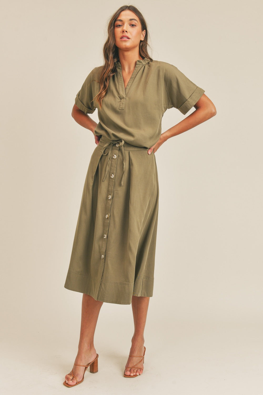 MABLE Short Sleeve Top and Button Down Midi Skirt Set - The Daily Makeover