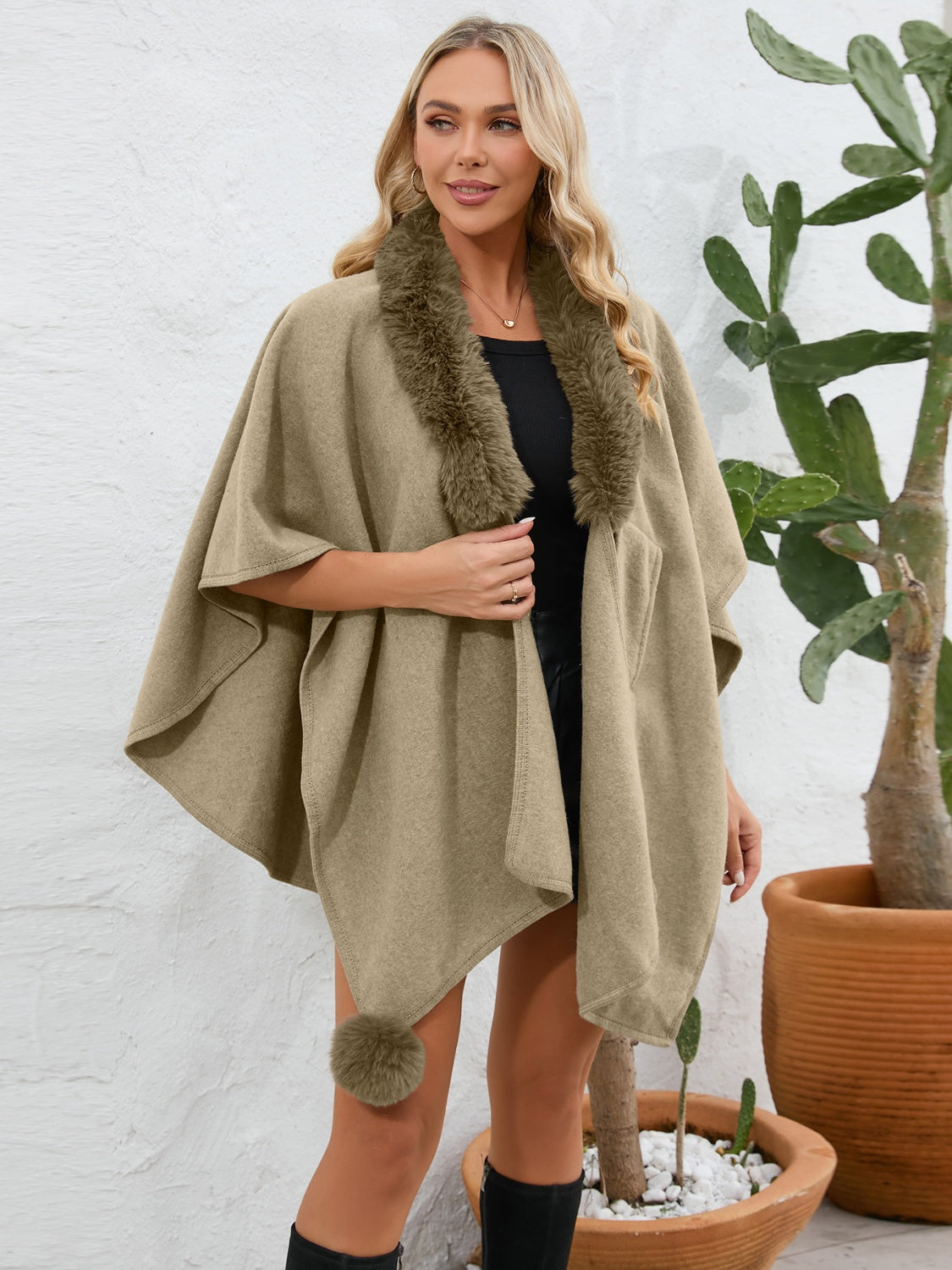 Fuzzy Trim Open Front Poncho - The Daily Makeover