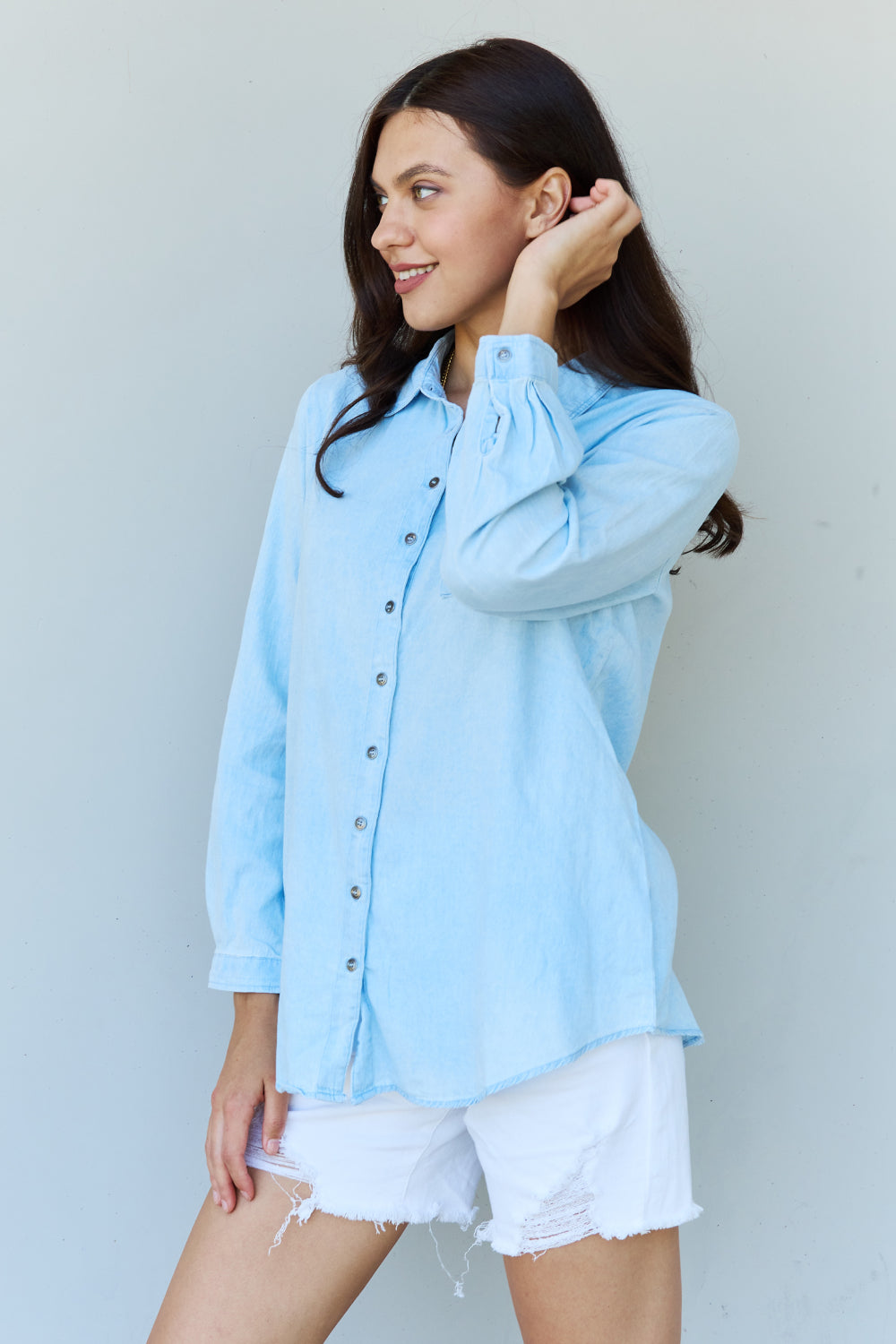 Doublju Blue Jean Baby Denim Button Down Shirt Top in Light Blue - The Daily Makeover