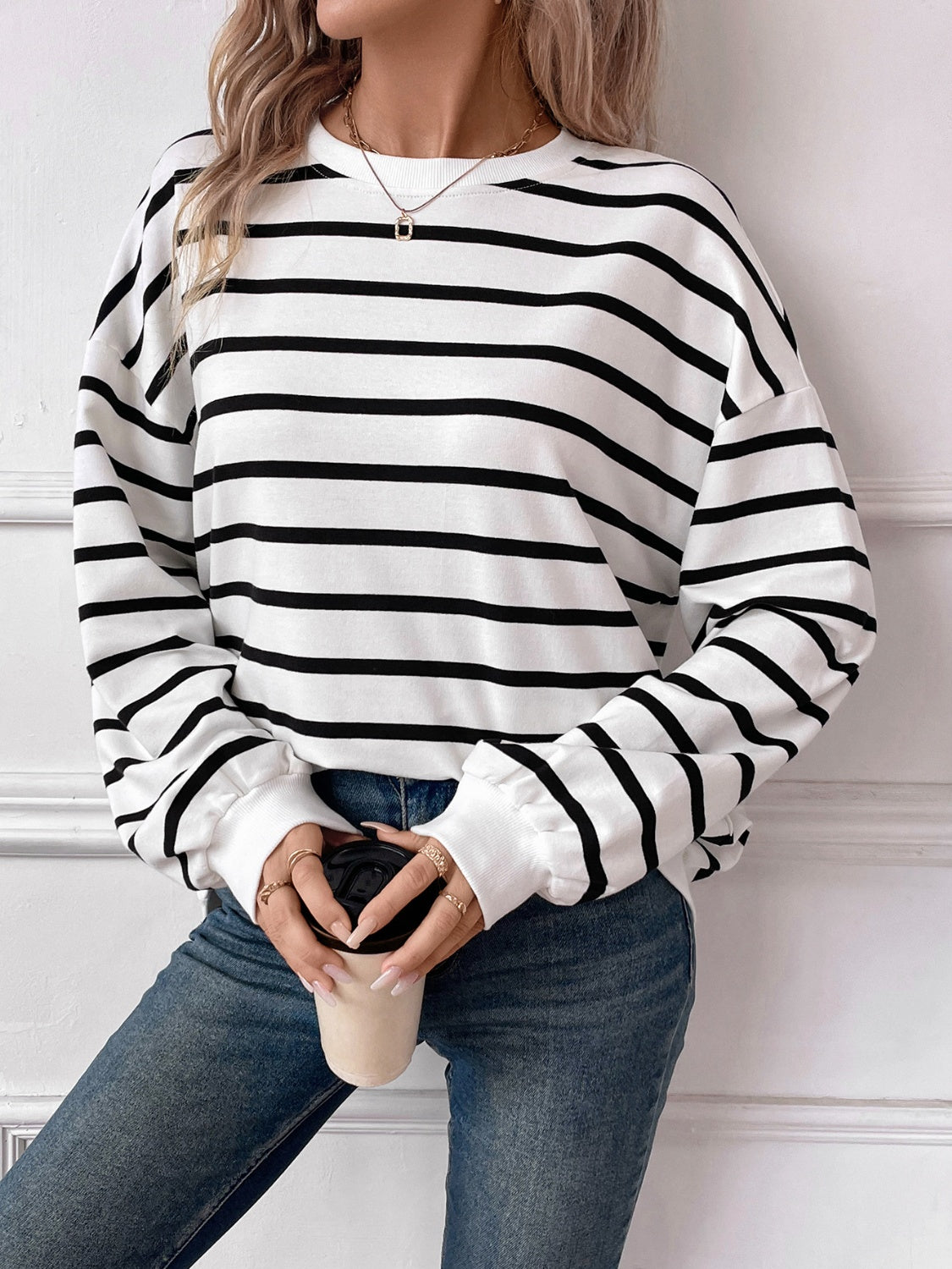 Striped Round Neck Long Sleeve Sweatshirt - The Daily Makeover