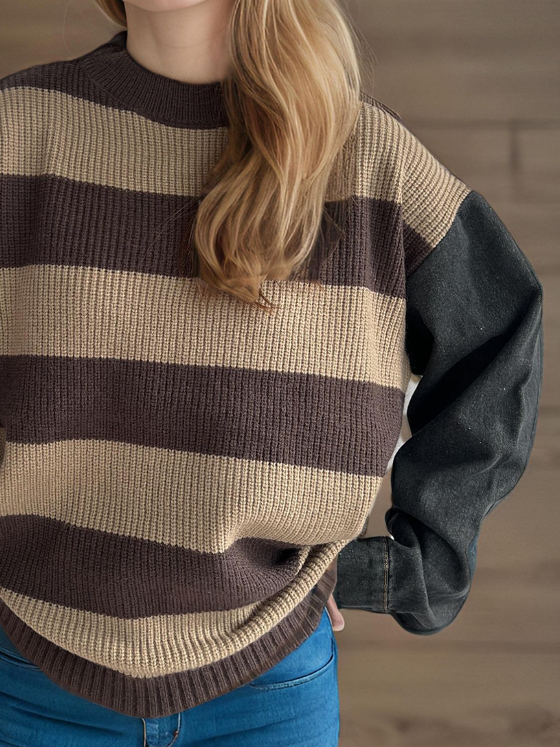 Contrast Round Neck Long Sleeve Sweater - The Daily Makeover