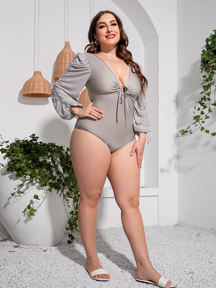 Plus Size Tied Deep V Balloon Sleeve One-Piece Swimsuit - The Daily Makeover