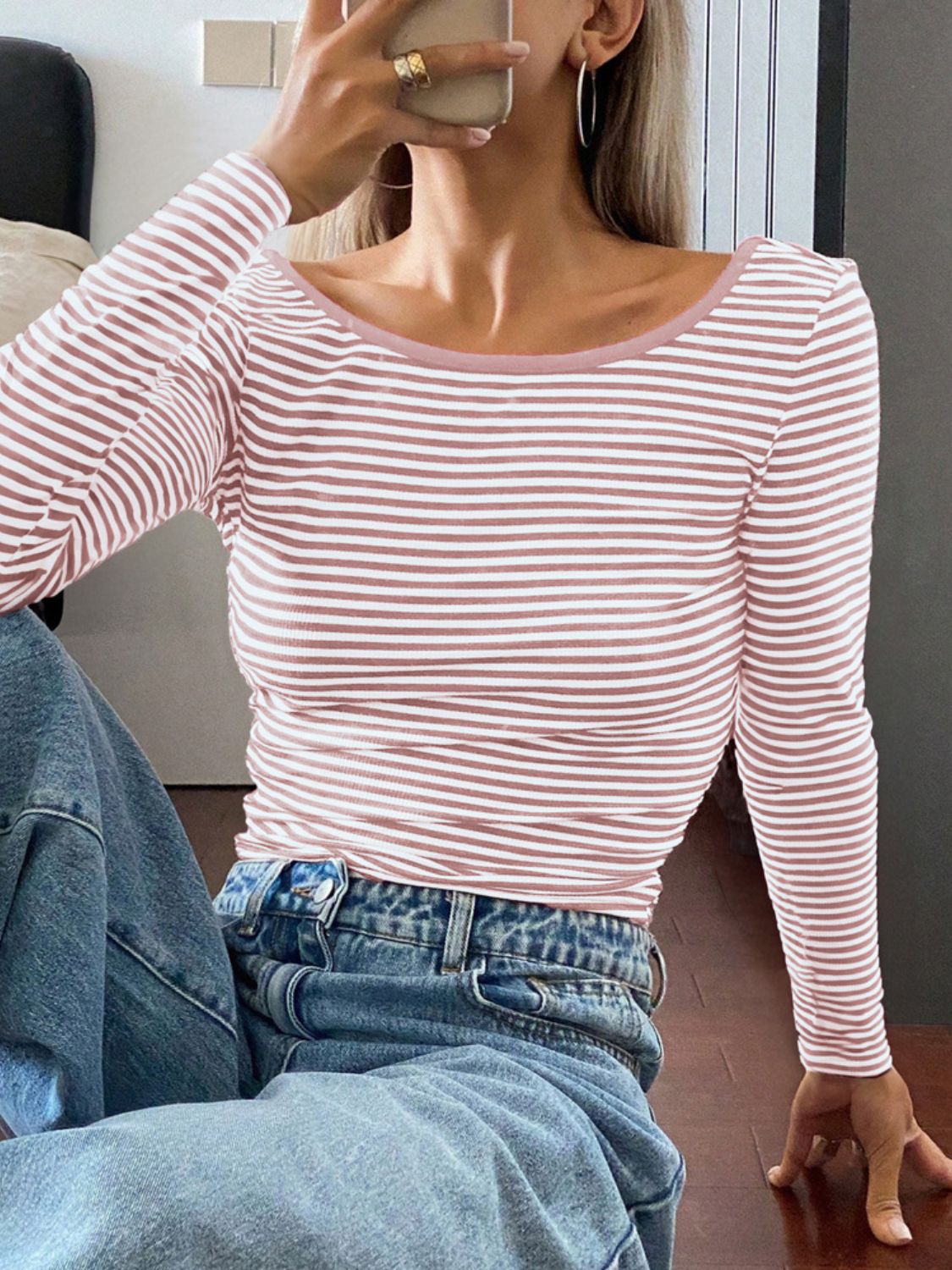 Devine Backless Striped Boat Neck Long Sleeve T-Shirt - The Daily Makeover