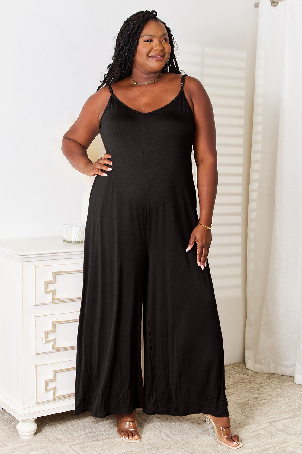 Double Take Full Size Soft Rayon Spaghetti Strap Tied Wide Leg Jumpsuit - The Daily Makeover