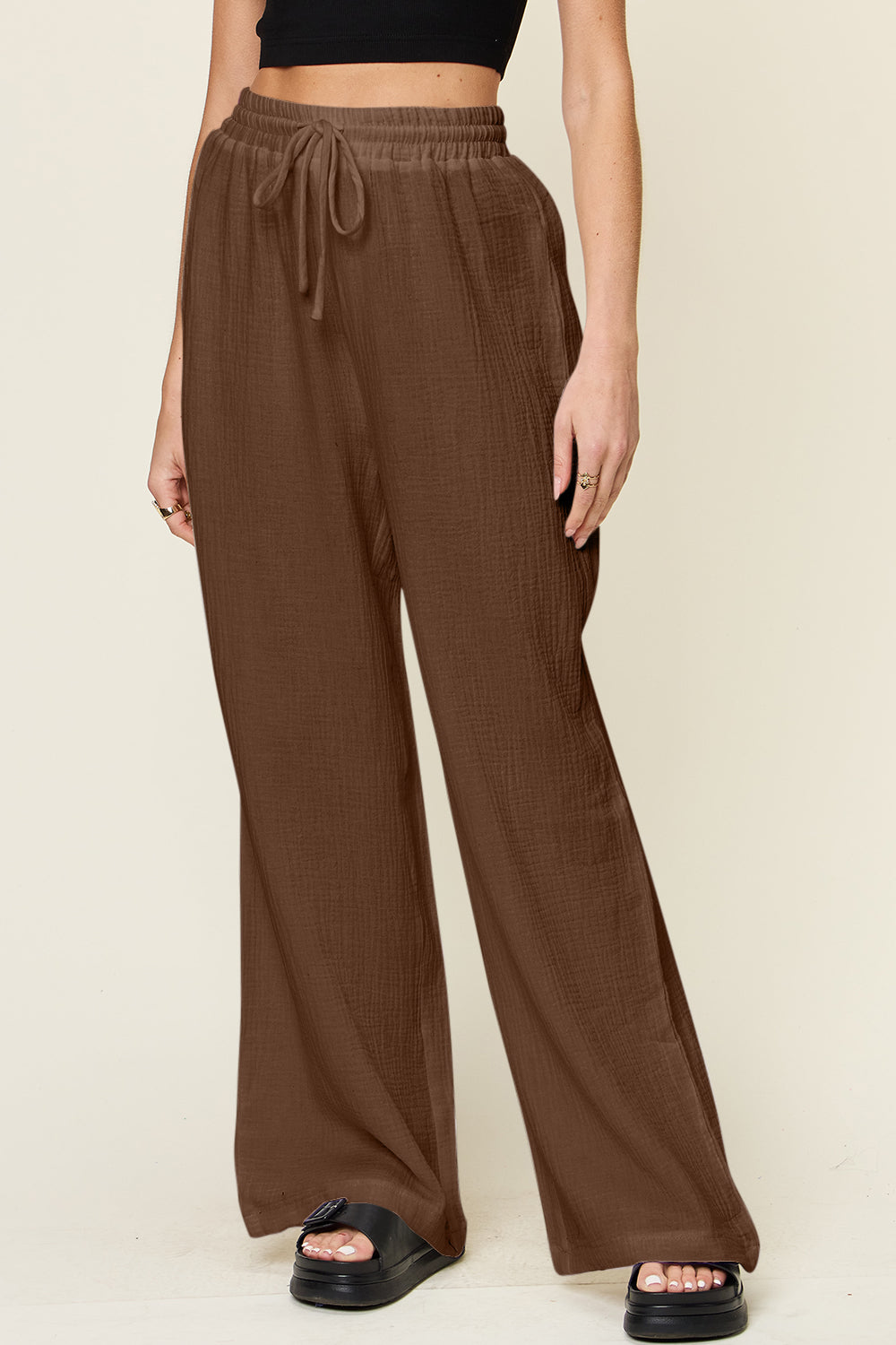 Double Take Full Size Texture Drawstring Wide Leg Pants - The Daily Makeover