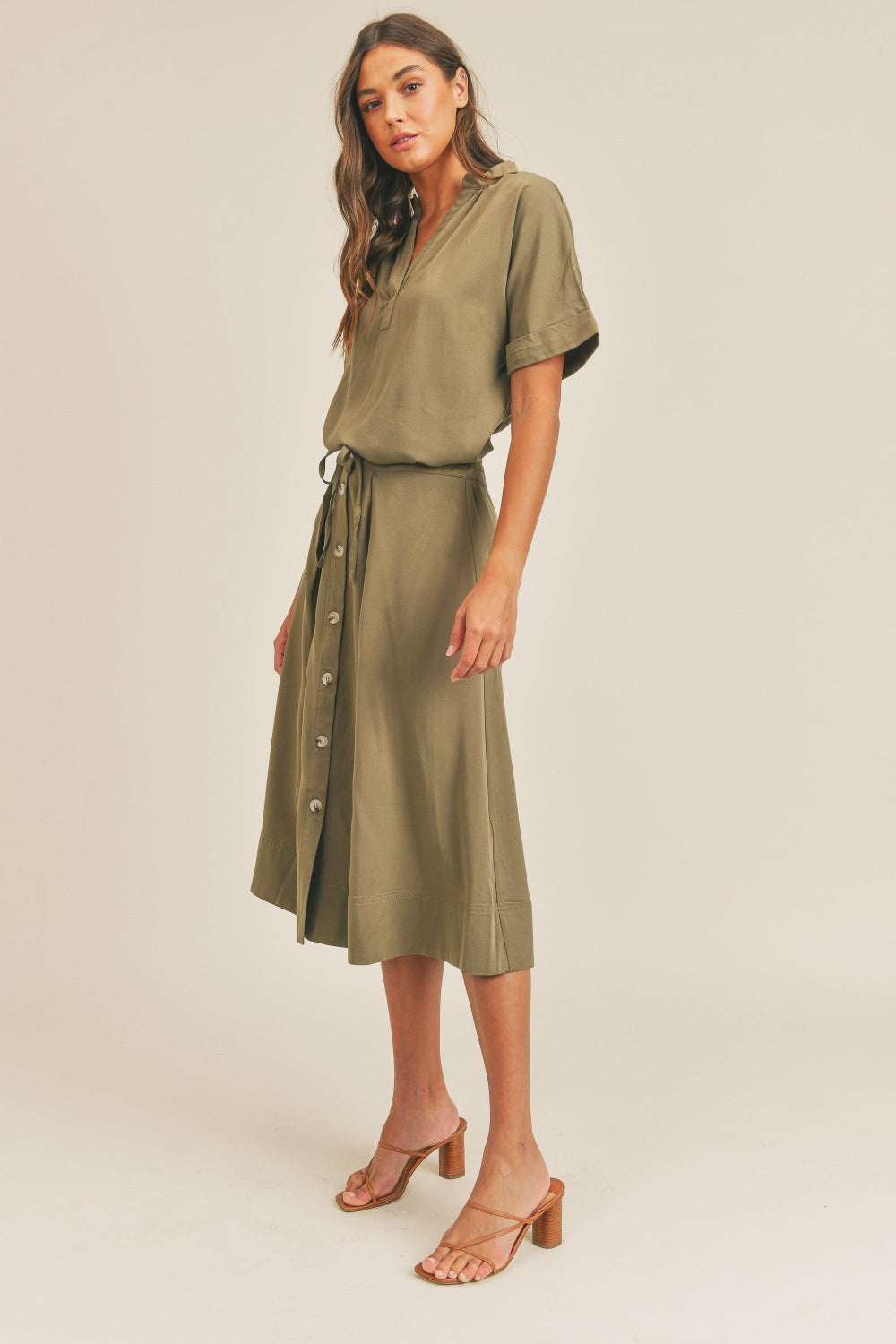 MABLE Short Sleeve Top and Button Down Midi Skirt Set - The Daily Makeover
