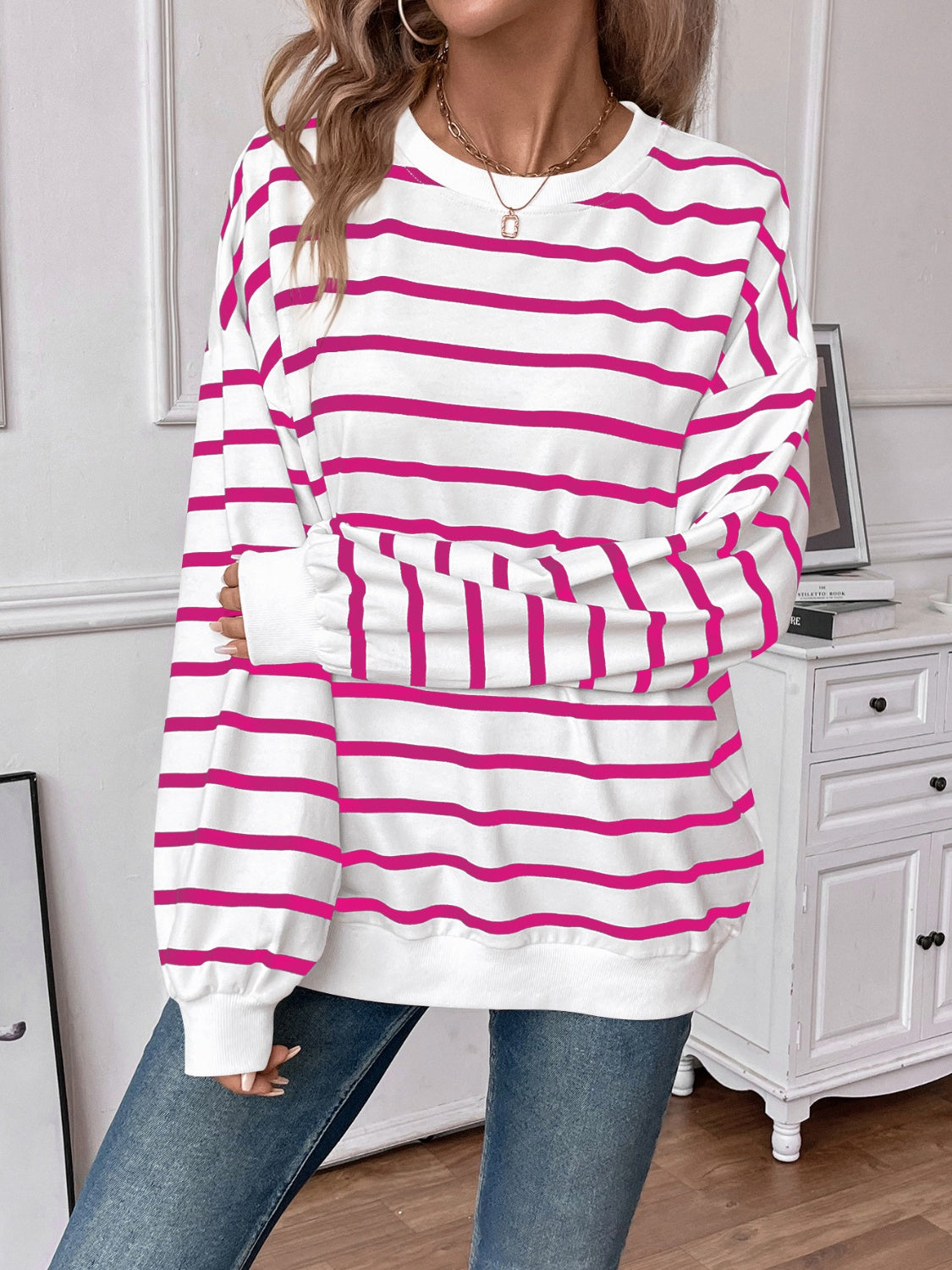 Striped Round Neck Long Sleeve Sweatshirt - The Daily Makeover