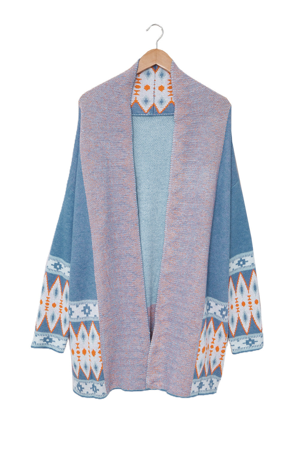 Blue Geometric Print Open Front Knit Cardigan - The Daily Makeover