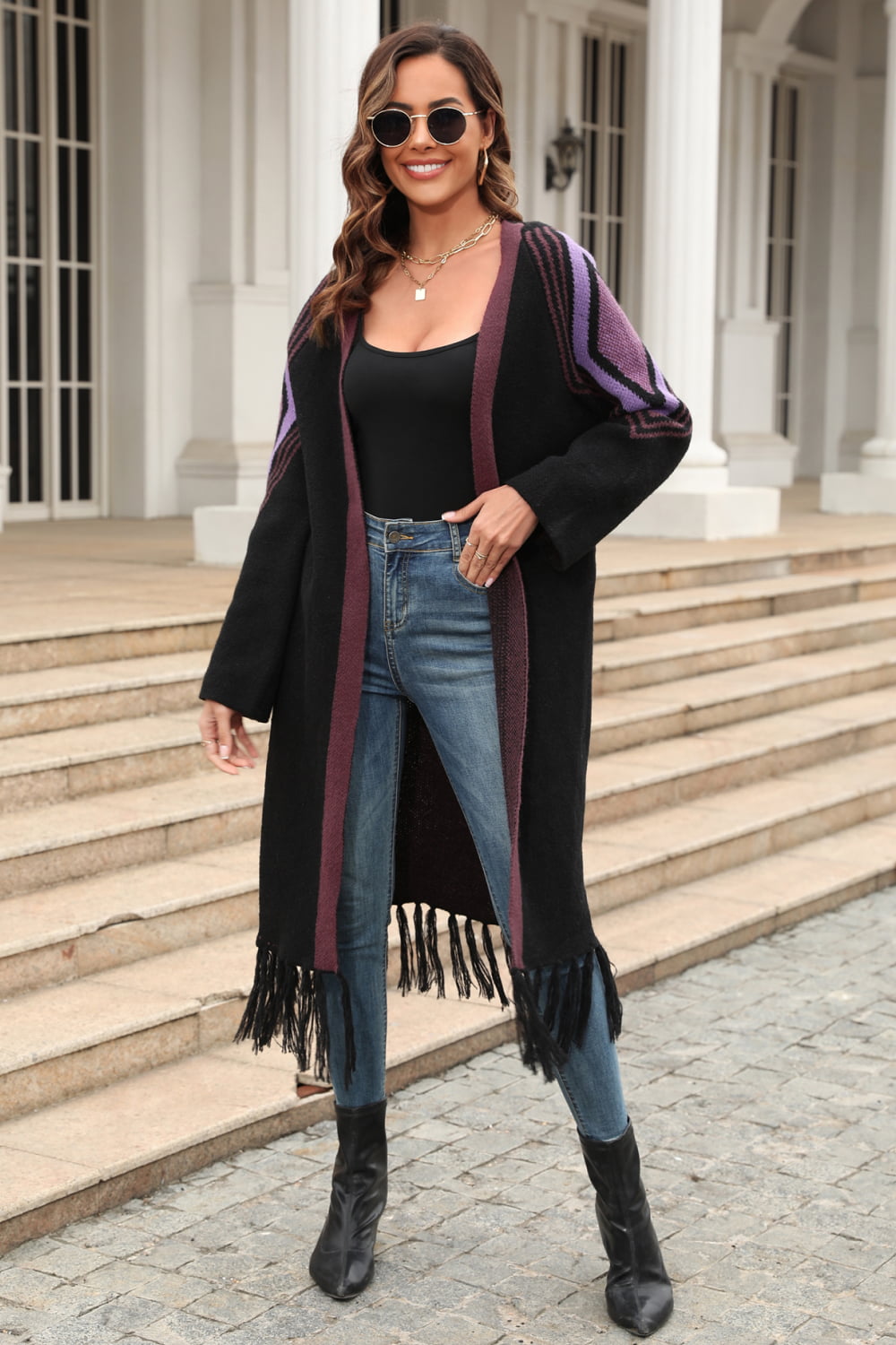 Angel Wings Geometric Fringe Hem Open Front Duster Cardigan - The Daily Makeover