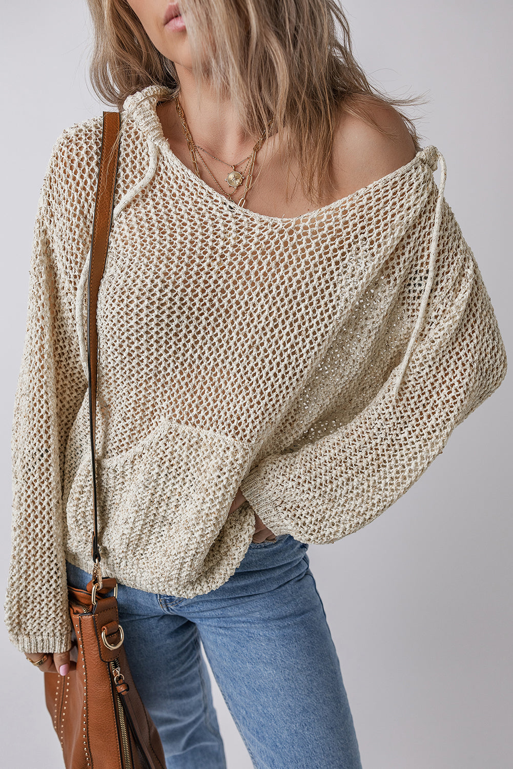 Openwork Dropped Shoulder Hooded Knit Top - The Daily Makeover