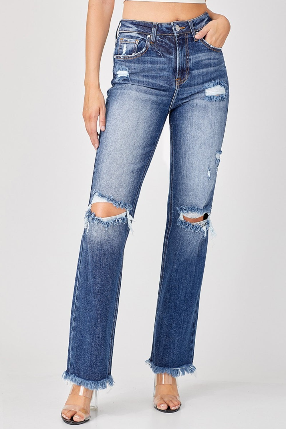 Full Size Raw Hem Distressed Straight Jeans - The Daily Makeover