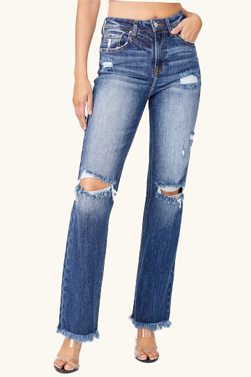 Full Size Raw Hem Distressed Straight Jeans - The Daily Makeover