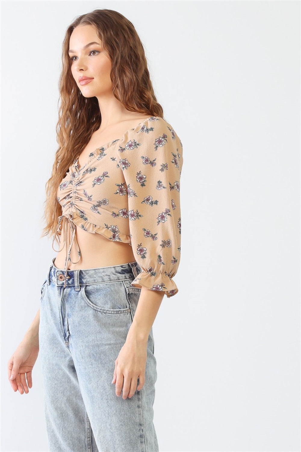 Miss Love / Kevin Co. Floral Ruffle Smocked Back Ruched Crop Top - The Daily Makeover