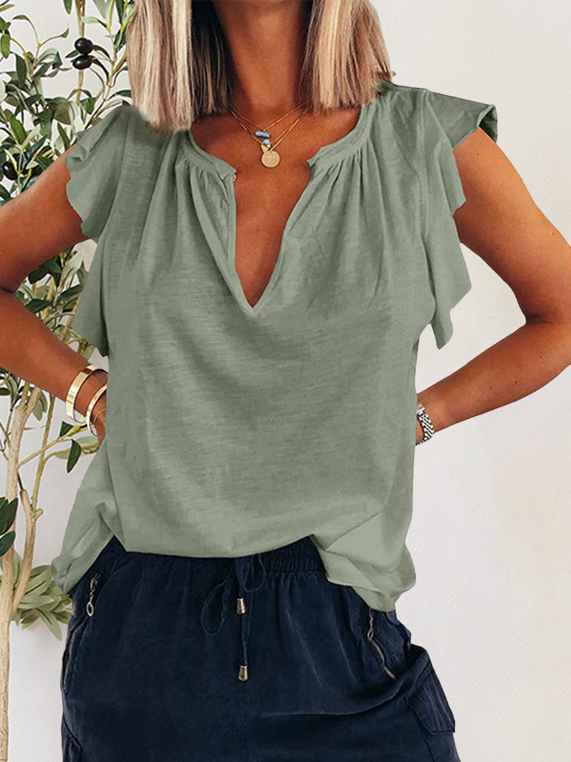 Ruffled Notched Cap Sleeve T-Shirt - The Daily Makeover