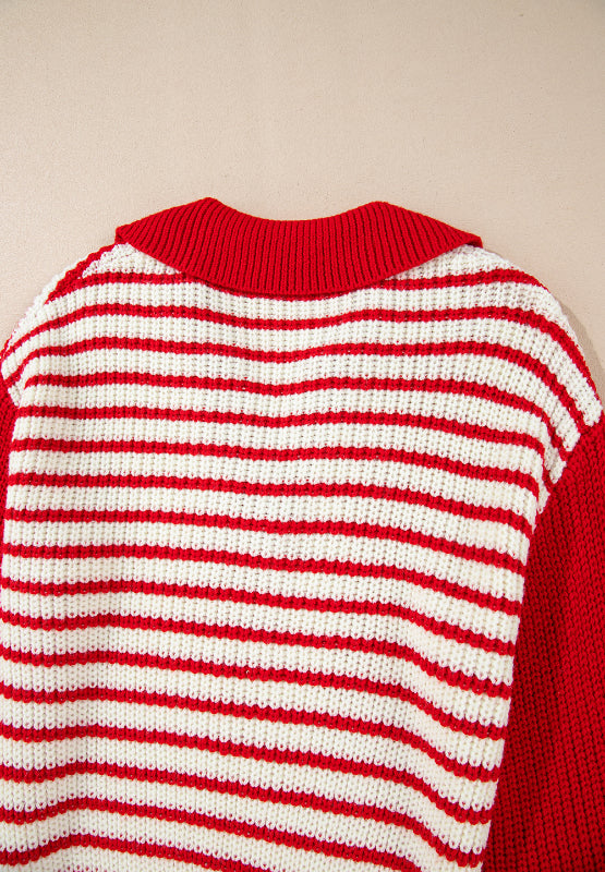 Striped Johnny Collar Long Sleeve Sweater - The Daily Makeover