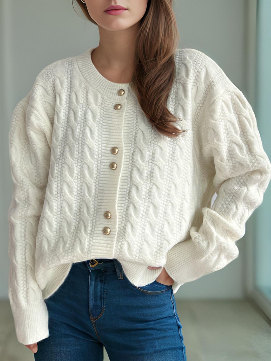 Cable-Knit Round Neck Long Sleeve Cardigan - The Daily Makeover