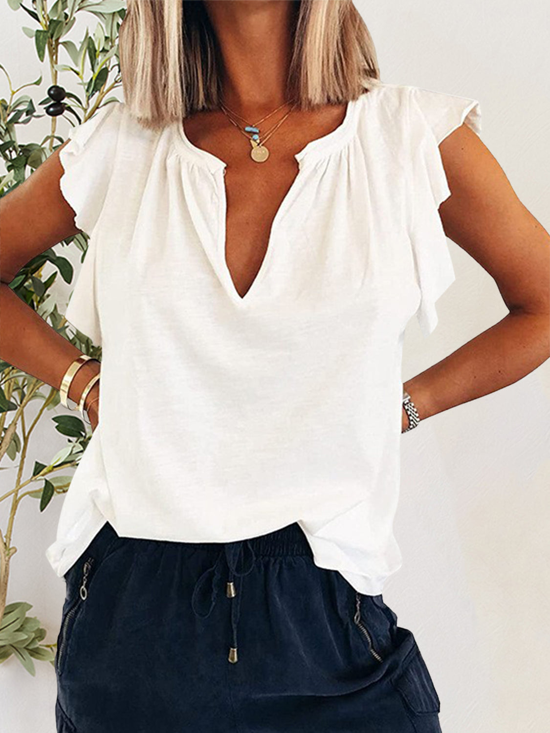Ruffled Notched Cap Sleeve T-Shirt - The Daily Makeover