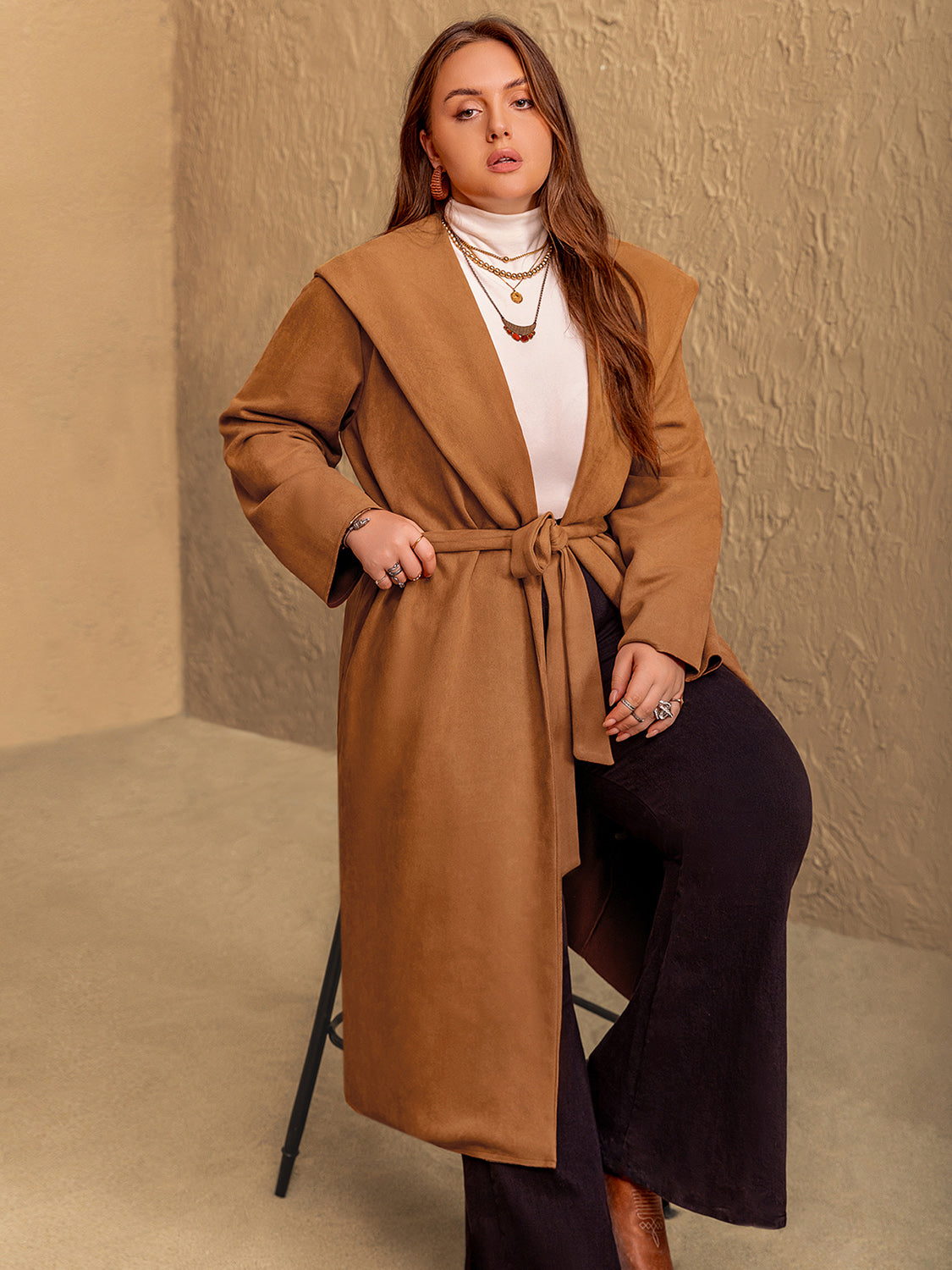 Plus Size Tied Long Sleeve Hooded Coat with Pockets - The Daily Makeover